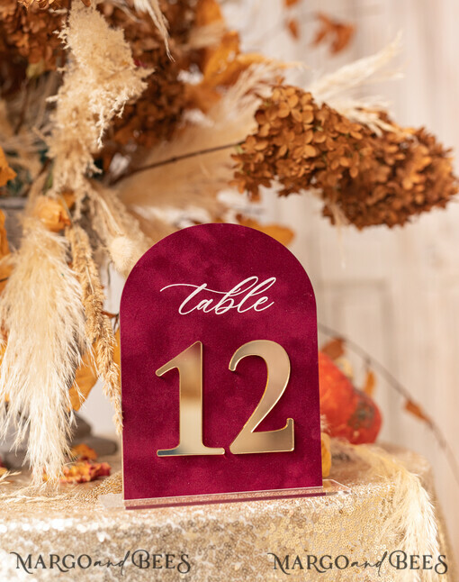 TABLE DECOR SIGNS Velvet table Numbers and Decor Luxury Velvet Arched Table numbers with Acrylic stand,  Beige Velvet and Gold Acryl Wedding Table Decor, 3D Golden Letters Arched Table Numbers, Wedding Signage