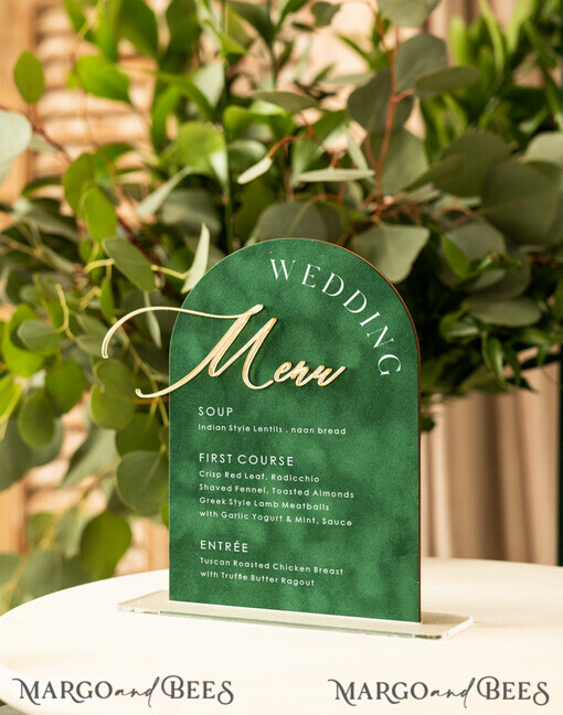 TABLE DECOR SIGNS Velvet table Numbers and Decor Acrylic & Velvet Arch Dinner Menu, gold Plexi Green Wedding Menu Sign with Stand, Green Plexi Table Dinner Menu Luxury Purple Wedding Table Decor