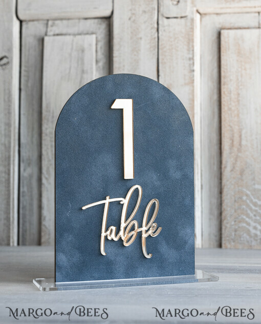 TABLE DECOR SIGNS Velvet table Numbers and Decor dusty Blue Wedding Table Number, Acrylic Arch Velvet Table Sign, Table  Gold Plexi Glass Top Table sign, Elegant Luxury Wedding Table Decor, Boho Glam Wedding Signage Silver mirror Tables sign