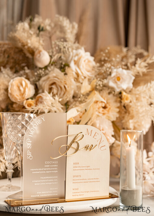 TABLE DECOR SIGNS Velvet table Numbers and Decor Acrylic Arch Bar Menu Combo, Frosted Plexi Glass gold Ivory Velvet Drink Bar Menu Sign with Stand, Beige Plexi Table Bar Menu Combo Luxury Wedding Table Decor, Wedding Signage Ecru drink Bar Menu