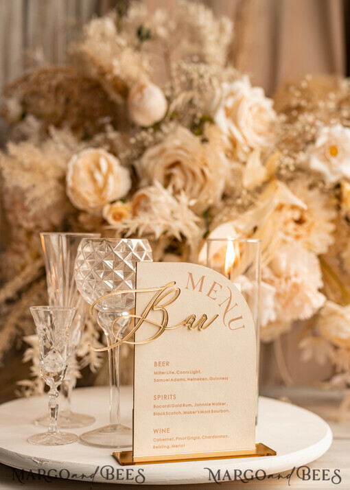 TABLE DECOR SIGNS Velvet table Numbers and Decor Acrylic Arch Bar Menu, gold Plexi Ivory Velvet Drink Bar Menu Sign with Stand, Beige Plexi Table Bar Menu Luxury Wedding Table Decor, Wedding Signage Ecru drink Bar Menu