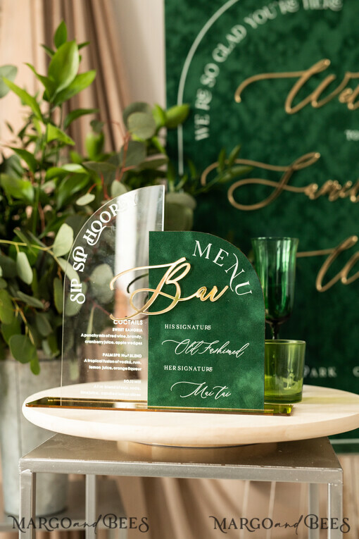 TABLE DECOR SIGNS Velvet table Numbers and Decor Green Velvet Bar Menu, Acrylic Half Arch Table List of drinks, Acrylic Green Drinks combo, Green Golden Velvet Table Sign with stand, GV