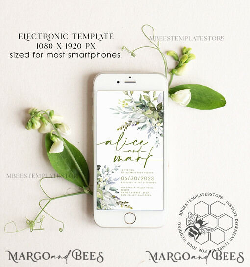 TEMPLETT digital invitation SmartPhone Save the Date Editable Template, Greenery Save the Date Evite Template, personalised Digital Save the Date. Smartphone Electronic Save the Date