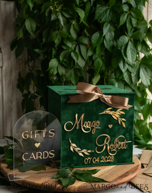 CARD BOXES velvet card boxes Gift Card Box & arch Sign Set , Velvet green wedding wishing well money gift card box, Personalized Wedding Card Box, Greenery Luxury