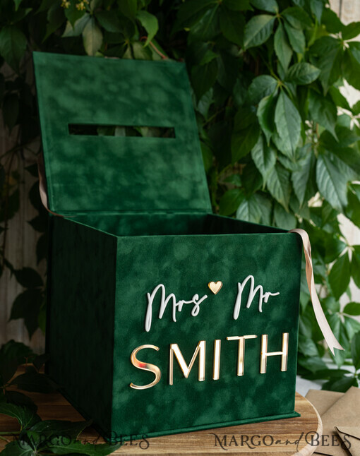CARD BOXES velvet card boxes Gift Card Box, Velvet Green wedding wishing well money gift card box, Personalized Wedding Card Box, Luxury Greenery Card Box, Wedding Green and Gold Card Box with Lid, Wedding Money Box, Emerald Green Wedding Card Box