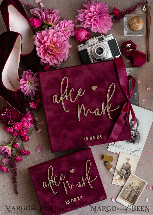 PHOTO ALBUM/ PHOTO BOX  Velvet Photo Box Photographer Box  Memory Bundle Burgundy Velvet Photo Boxes set of 2 , Large  Maroon Photographer Box, Regular Marsala Gold Wedding Memory Box, Gold Mirror Custom Keepsake Box, Photographer Gifts for Clients, Wedding Pictures packaging, Custom photography Copper box