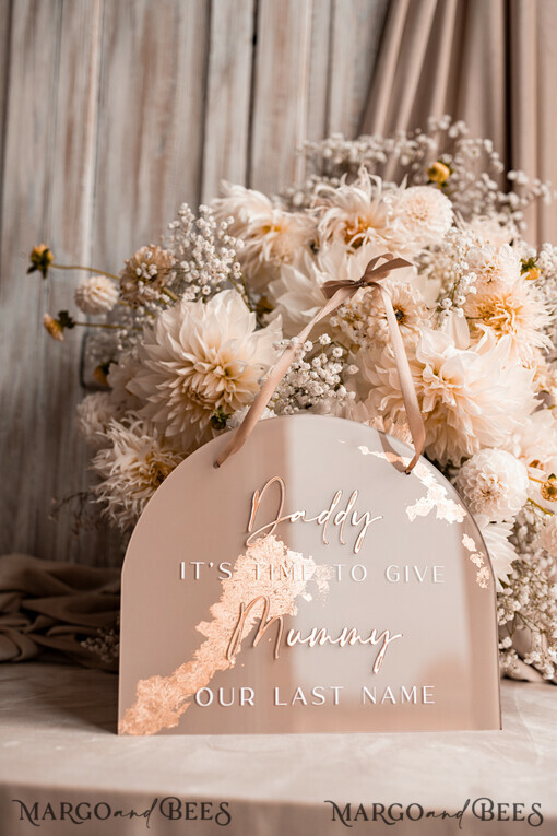 FLOWER GIRL / Page Boy SIGNS acrylic flower girl / page boy signs Personalised Arch acrylic wedding Page Boy sign, Beige Gold acrylic Page boy sign, painted plexi glass acrylic flower girl sign, flower girl wedding day sign, boho glam arch gold acrylic wedding decor for flower girl, daddy its time to give mummy our last name, arch acrylic here comes the bride