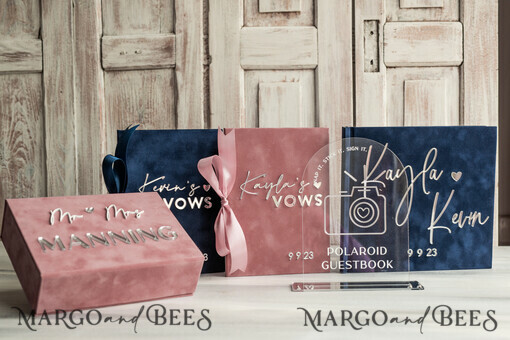 PHOTO ALBUM/ PHOTO BOX  Memory Bundle PhotoBox Gustbooks Vows Navy Blue and Blush Pink Velvet Bundle Wedding Keepsake Set- Guestbook & sign, His Hers Wedding Vows, Photobox for pictures