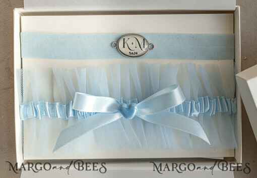 BRIDE bolero, robes, garter GARTER FOR BRIDE Set of Two gartes, personalised wedding garter in box, something blue tulle garter & personalised toss set, garter for bride, bridal shower gift for bride, tulle garter set, gift for bride, toss garter