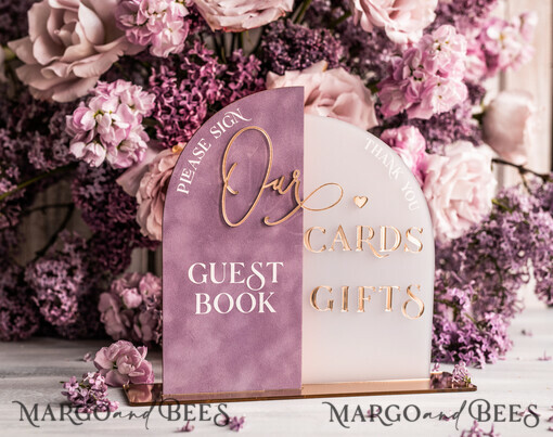 TABLE DECOR SIGNS Guestbook & Cards Gifts Signs Golden Acrylic gifts & cards signs with stand, Mauve Velvet and gold guestbook Sign, Gold Mauve gifts & cards signs, Luxury Wedding guestbook Decor