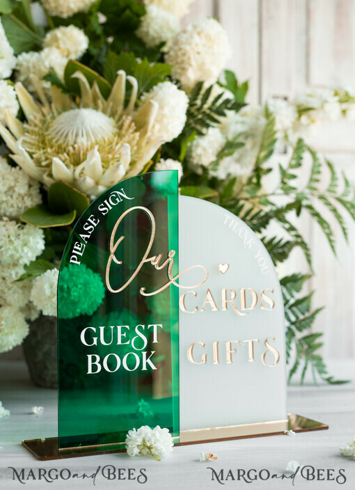 TABLE DECOR SIGNS Guestbook & Cards Gifts Signs Acrylic Arch cards & guestbook sign Combo , Emerald Green and Frosted Acrylic & gold Sign, Gold Plexi card box and sign our guestbook sign, Luxury Wedding Table
