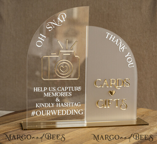 TABLE DECOR SIGNS Guestbook & Cards Gifts Signs Acrylic Arch Oh Snap & cards and gifts sign Combo, Clear gold Mirror  Wedding hashtag and Thank you Sign Bulk, Gold Plexi card box sign and Tag Us In That Set,  Wedding Table Decor Signage