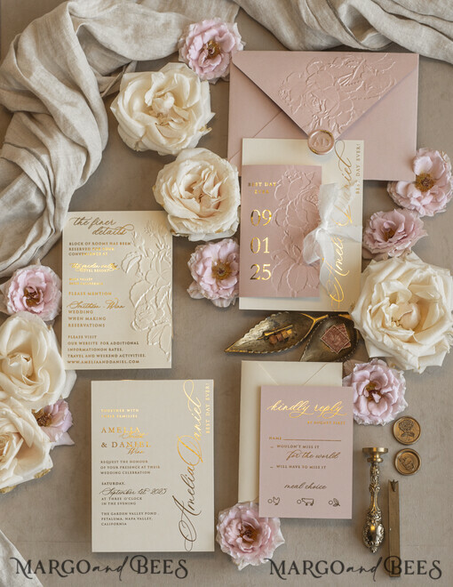WEDDING INVITATIONS embossed invites Blush Gold Wedding Invitation with chiffon torn bow,  Wrapping Golden Elegant Roses Floral Wedding Invitation with 3D embossed flowers