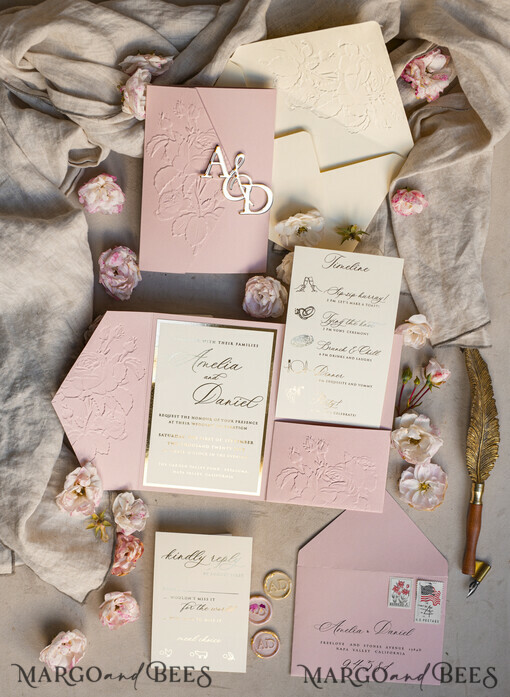 WEDDING INVITATIONS geprägte Einladungen Mappenprägung Elfenbein Gold Hochzeitseinladung, goldene geprägte Rosen florale Hochzeitseinladung, Boho Ecru geprägte Einladungssuite, Hochzeitseinladungssuite