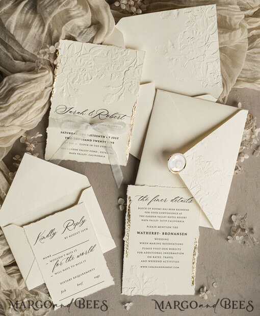 WEDDING INVITATIONS embossed invites  Fine Art Embossed  Blind Ivory Gold Wedding Invitation, Golden deboss Roses Floral Wedding Invitation, Boho Ecru Debossed Invitation suite,  Cotton paper wedding invitation suite, Deckled Edge Invites, Torn Edge Wedding Invitations golden