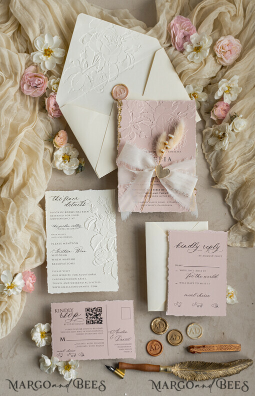 WEDDING INVITATIONS embossed invites  Fine Art Embossed Ivory Gold Wedding Invitation with dried flowers and torn chiffone bow, Golden deboss Roses Floral Wedding Invitation,