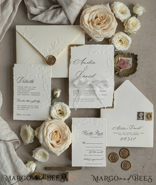 WEDDING INVITATIONS embossed invites  Fine Art Embossed Blind Ivory Gold Wedding Invitation, Golden deboss Floral Wedding Invitation, Boho Ecru Debossed Invitation suite,  Cotton paper wedding invitation suite with mirror heart