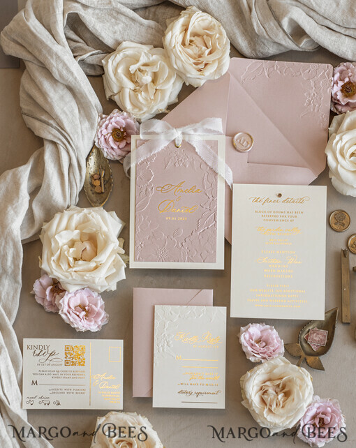 WEDDING INVITATIONS embossed invites  Fine Art Embossed Blind Ivory Gold Wedding Invitation with torn chiffon bow and dried flowers, Golden deboss Floral Wedding Invitation, Boho Ecru Debossed Invitation suite with mirror heart