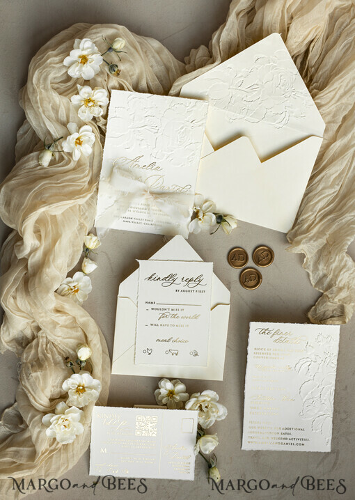 WEDDING INVITATIONS embossed invites  Fine Art Embossed Ivory Gold Wedding Invitation with  torn chiffone bow, Golden deboss Roses Floral Wedding Invitation,
