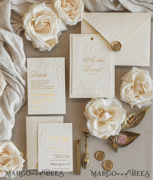 WEDDING INVITATIONS embossed invites  Fine Art Embossed Blind Ivory Gold Wedding Invitation with torn chiffon bow and dried flowers, Golden deboss Floral Wedding Invitation, Boho Ecru Debossed Invitation suite with mirror heart