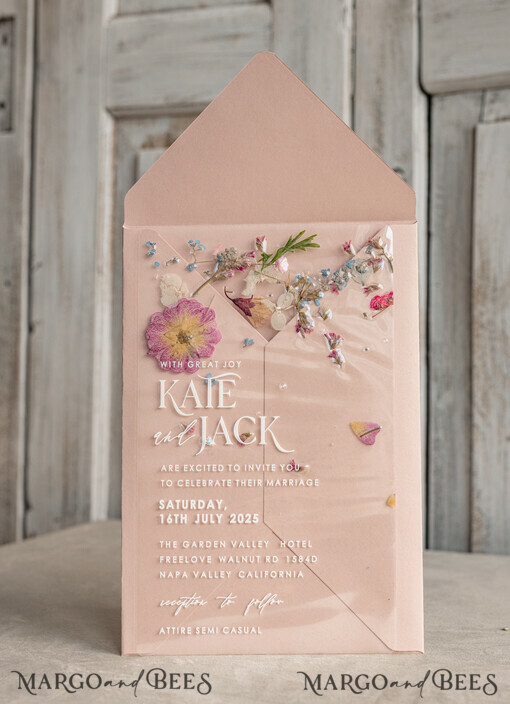 WEDDING INVITATIONS plexi acrylic mirror Blush Pink Clear real flowers Wedding Invitations, Elegant Garden  pampass gras Wedding Cards, Velvet  transparent  Wedding Invites,  Wedding Invitation Suite