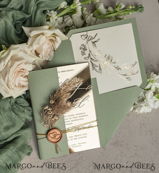 WEDDING INVITATIONS plexi acrylic mirror Sage Green Mirror gold Wedding Invitations, Elegant Garden Wedding Cards, Greenery Acrylic  Wedding Invites, Mirror Gold Plexi Wedding Invitation Suite
