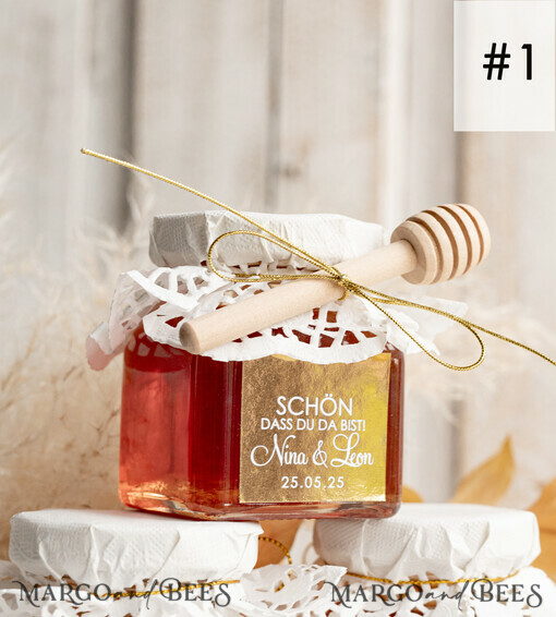 WEDDING FAVORS Gastgeschenke Hochzeit Personalisierte Gastgeschenkgläser mit Blütenhonig, Gastgeschenke Hochzeit Honig, Honiggeschenkglas mit Honig, handgemachte Gastgeschenke zur Hochzeit.