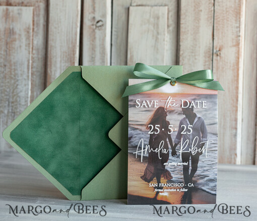 SAVE THE DATES photo vellum plexi  Sage Green Velvet Save the Date Cards with Photo, Velvet Save Our Dates with Photo Gold Foil Calendar Cards