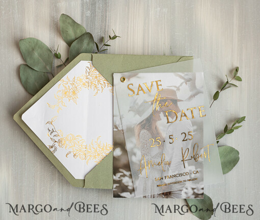 SAVE THE DATES photo vellum plexi  sage green Gold eucalyptus Save the Date Cards with Photo, Vellum Save Our Dates with Photo Gold Foil Calendar Cards