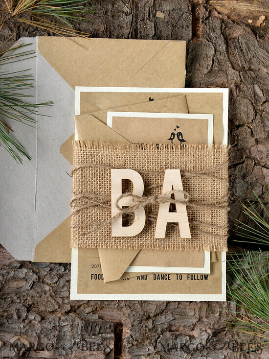 WEDDING INVITATIONS forest / Mountains / woodland theme Wedding invitations handmade, country barn stationery 08/wood/z