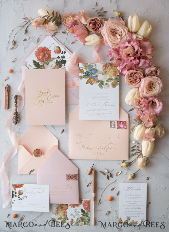 WEDDING INVITATIONS Elegant Invites Classic Cards Vintage Romantic Wedding Invitations Blossom Stationery with Gold Foil Lettering Wax Seal Blush Pink or Peach Envelope 05/botRC/z