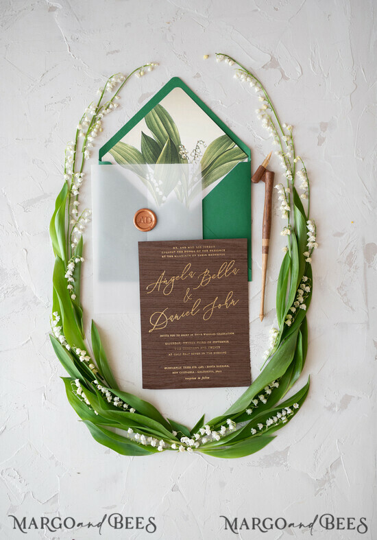 WEDDING INVITATIONS Elegant Invites Classic Cards Real Wood Wedding Invitations Spring Lilly of the Valley Stationery withGolden Letters Vellum Wraping Wax Seal Green Envelope 01/FR/z