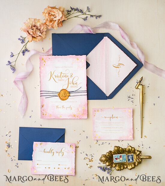WEDDING INVITATIONS gold / rose gold / silver / glitter Navy and pink Wedding invitations , Elegant blush romantic wedding stationery, glamour wedding invitation suite 003/gnt/z