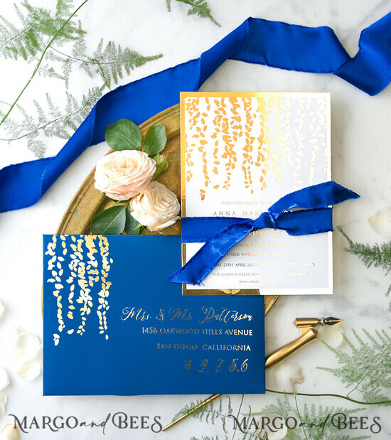 WEDDING INVITATIONS gold / rose gold / silver / glitter Navy Blue Gold Wedding Invitations, Luxory Golden leaves Wedding Cards, Royal Blue Wedding Invites 014/GNr/z