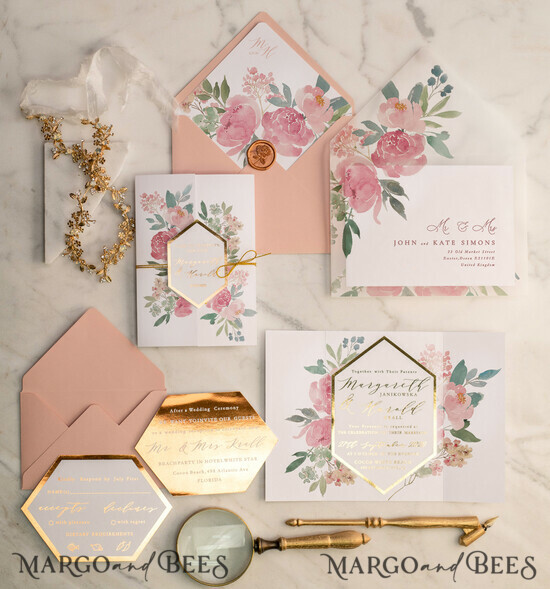 WEDDING INVITATIONS gold / rose gold / silver / glitter Rose Gold Geometric Wedding Invitations Glitter Gold Foil Wording Vellum Envelope and Antique Gold wax seal 10/frameG/z