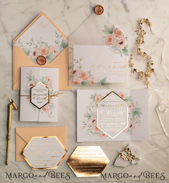 WEDDING INVITATIONS gold / rose gold / silver / glitter Gold Glamour Wedding Invitations Uk geometric Heart Vellum Glitter Envelope with Peach Flowers Wax Seal 11/frameG/z