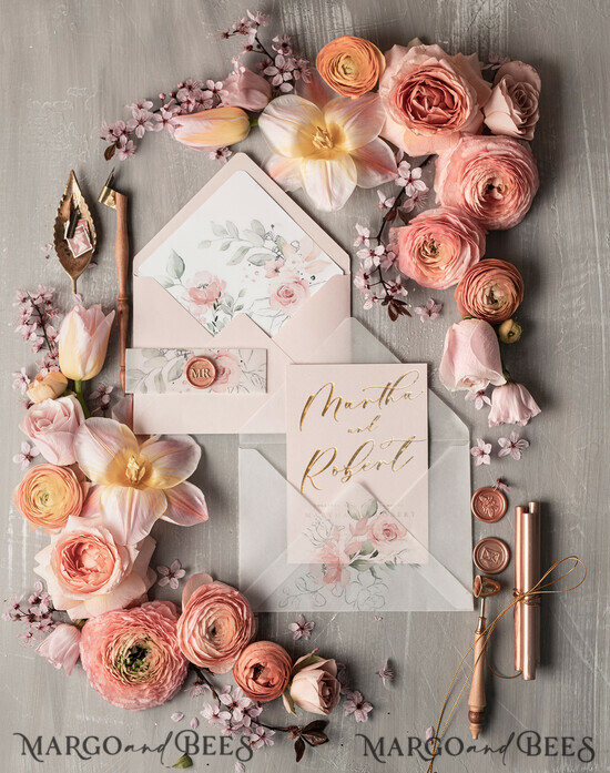 WEDDING INVITATIONS gold / rose gold / silver / glitter Elegant wedding invitation Suite, blush Pink Gold Wedding Cards, Floral Romantic Wedding Invites with vellum belly band and wax seal 01/goldhs/z