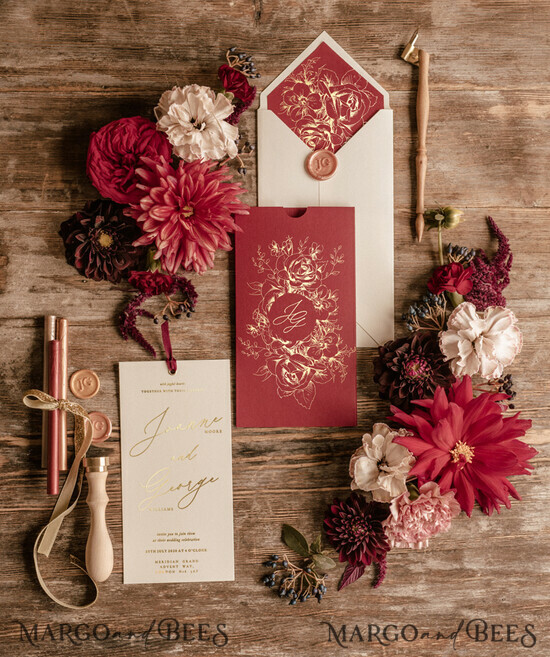 WEDDING INVITATIONS gold / rose gold / silver / glitter Marsala wedding invitation Suite, Luxury Indian Red and Gold Wedding Cards, Pocket Wedding Invites with burgundy ribbon 1/goldk/z
