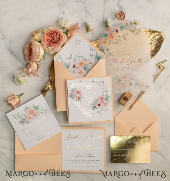 WEDDING INVITATIONS gold / rose gold / silver / glitter Rose Gold Wedding Invitations Geometric Gold Foil Heart with Peach Roses Vellum envelope and Wax Seal 5/heartG/z