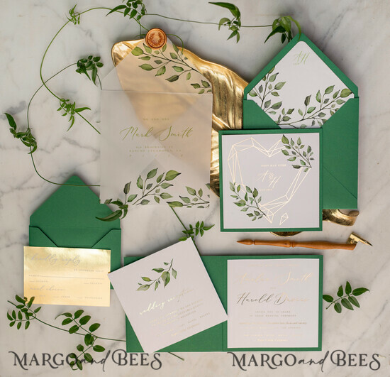 WEDDING INVITATIONS gold / rose gold / silver / glitter Geometric Wedding Invitations Grennery Glamour Presonalized Stationery Set Green Branch 6/heartG/z
