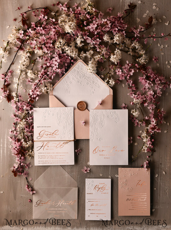 WEDDING INVITATIONS gold / rose gold / silver / glitter Gold stylish wedding invitation delicate elegant with gold foil and embossed flowers 1/wln2/z