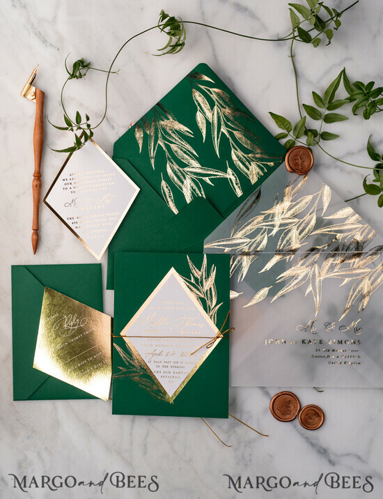WEDDING INVITATIONS gold / rose gold / silver / glitter Green and Gold Luxory Wedding Invitations Eucalyptus Greenery Invites perfect for Greece Destination Wedding with Gold foil lettering 1/romb/z
