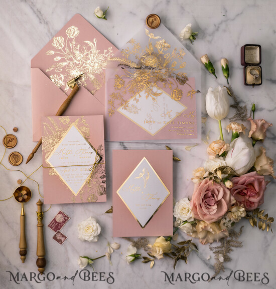 WEDDING INVITATIONS gold / rose gold / silver / glitter Luxory gold Wedding Invitations, Vinatge Roses Elegant Wedding Stationery, Pink Elegant Wedding Invitations Suite 10/romb/z