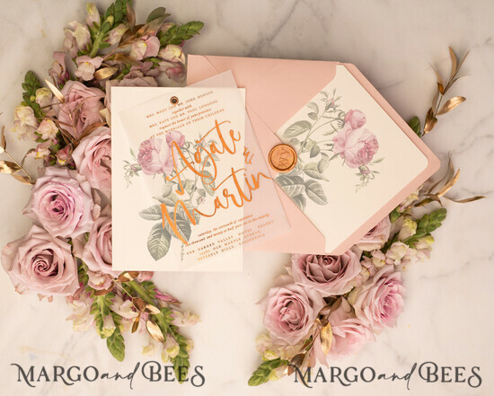 WEDDING INVITATIONS gold / rose gold / silver / glitter Elegant wedding invitation glamorous gold blush vintage illustration roses 1/vellum/z