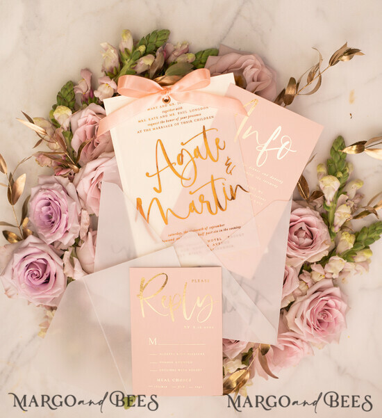 WEDDING INVITATIONS gold / rose gold / silver / glitter Elegant wedding invitations with blush colors and gold lettering and ribbon 02/vellumr/z