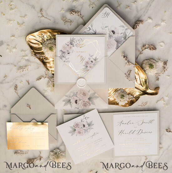WEDDING INVITATIONS gold / rose gold / silver / glitter Silver Personalized Wedding Invitations Geometric Glitter Heart Floral Elements Vellum Envelope and White Wax seal 10/heartG/z