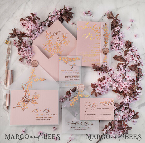 WEDDING INVITATIONS gold / rose gold / silver / glitter Spring Cherry Blossom wedding invitations, Rose Gold Vellum Wedding Invitation Suite, Pink Sakura Wedding Stationery 1/golkal1/z
