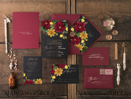 WEDDING INVITATIONS gold / rose gold / silver / glitter Romantic Wedding invitations Dhalias gold stationery, mauve and burgundy wedding invitation, fall wedding invites 05/Gvin/z