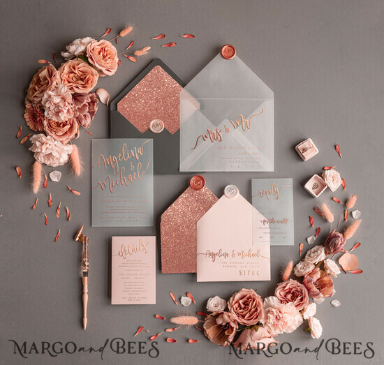 WEDDING INVITATIONS gold / rose gold / silver / glitter Bespoke wedding invitations, Rose Gold Vellum Wedding Invitation Suite, Pink Glitter and Grey Wedding Stationery 1/glitterlam/z