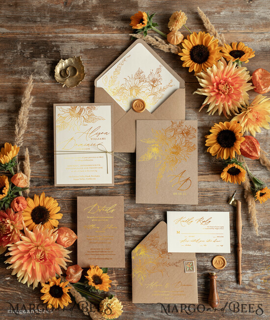 WEDDING INVITATIONS gold / rose gold / silver / glitter Rustic wedding invitations, Gold Sunflowers Wedding Invites, Rustic Glam Golden Wedding Cards 1/goldrst/z